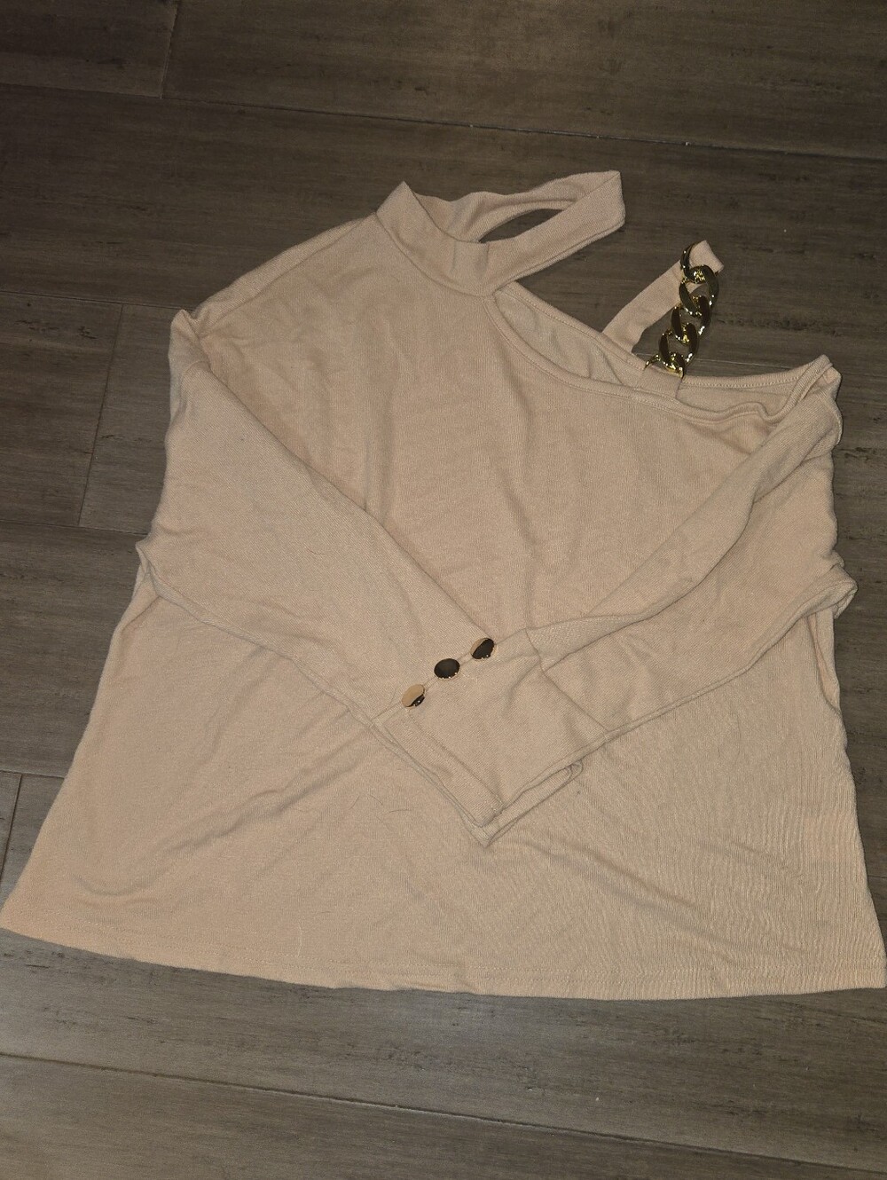 SHEIN One-Shoulder Long Sleeve Top in Light Beige with Gold Chain Strap